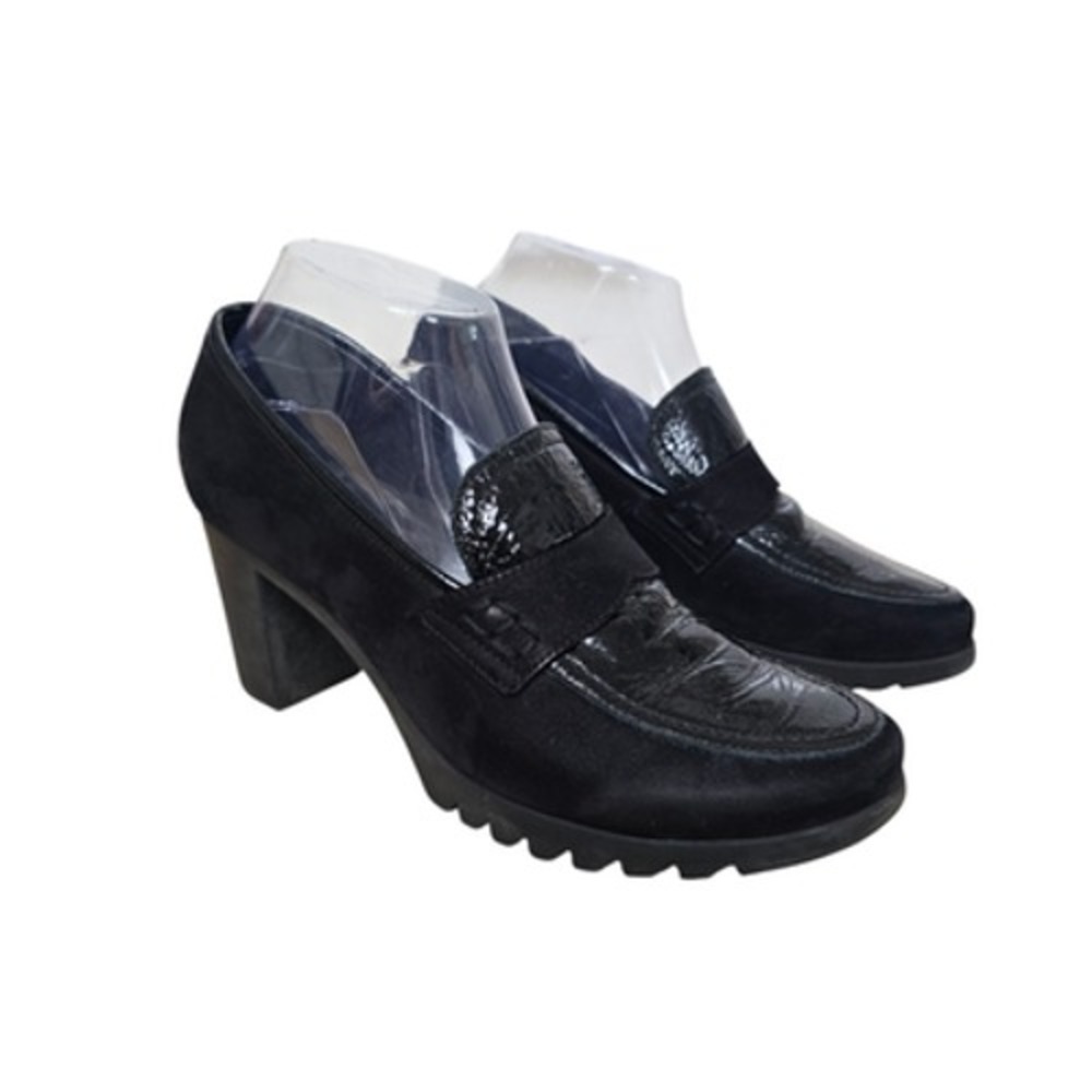 Arche France Black Leather Suede Heeled‎ Loafers Block Heel Lug Sole Size 39